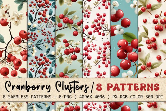 Cranberry Clusters 8 Seamless Patterns: A Versatile Design Resource for Creatives and Businesses